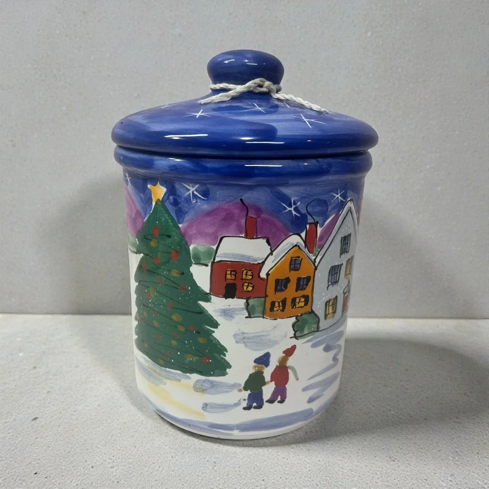 Starbucks Hand Painted Canister Ceramic Jar Hungary Winter Village Signed Coffee
